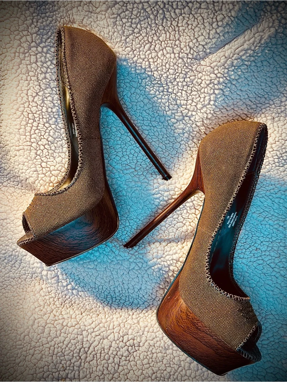 BeBe Brown/Gold Peep-Toe Platform Heels